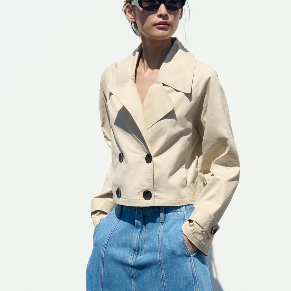 Zara cropped double breasted trench style jacket beige NWT
